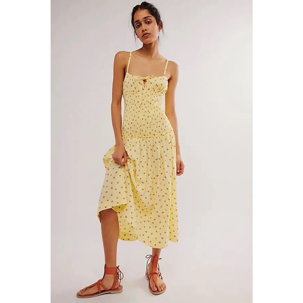 Free People Lavender Daze Midi Dress Sz S Yellow Strawberry Drop- Waist Smocked